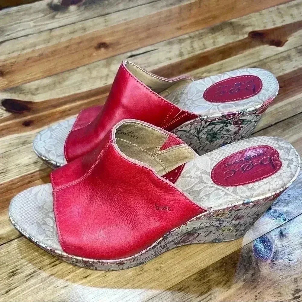 B.O.C RED LEATHER WITH FLOWER CORK WEDGE SLIP ON SANDALS Y2K